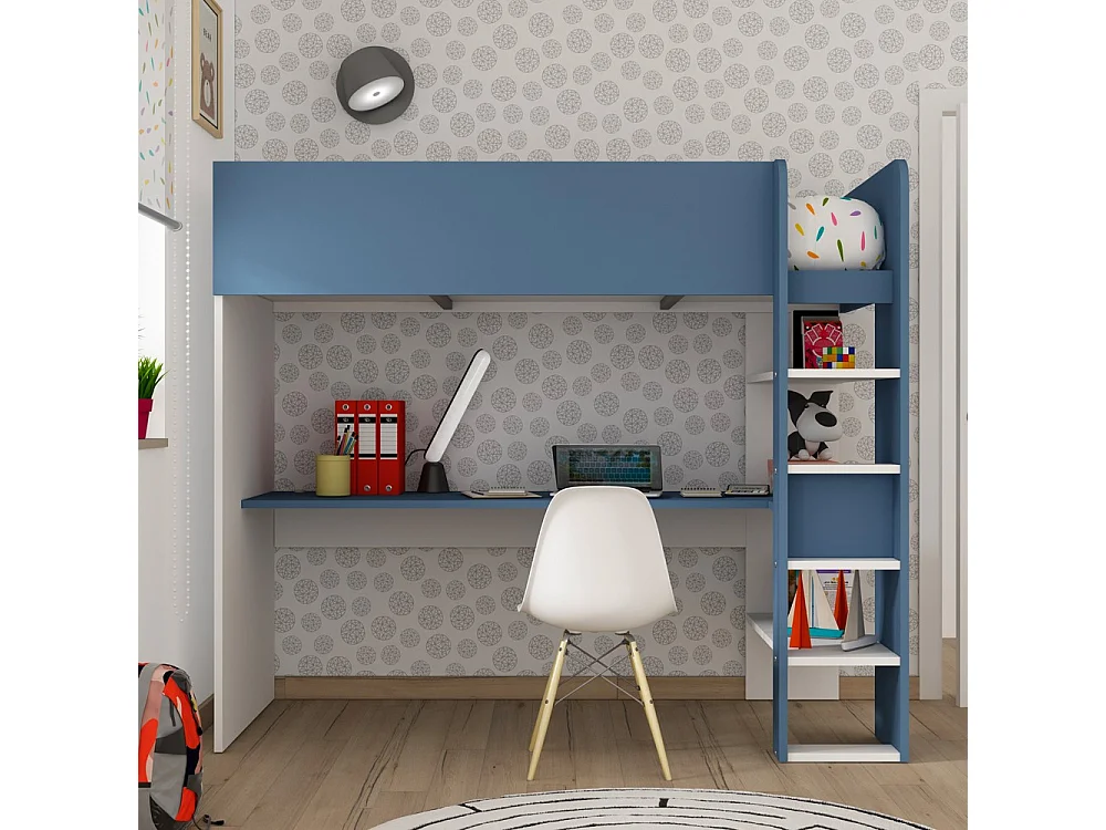 Letto a soppalco azzurro e bianco con scrivania 2276