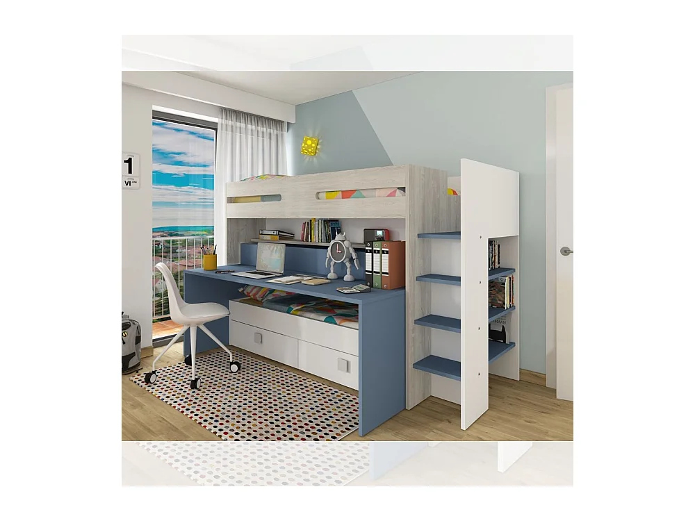 Letto a castello con scrivania estraibile 6070 colore bianco celeste