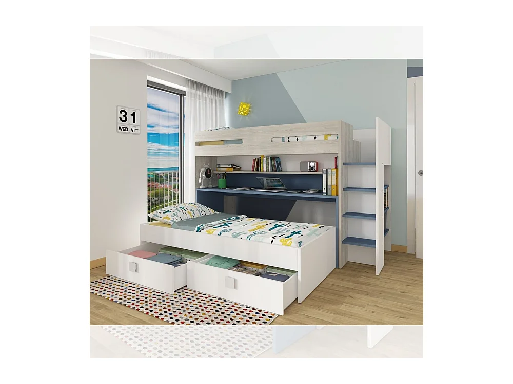 Letto a castello con scrivania estraibile 6070 colore bianco celeste