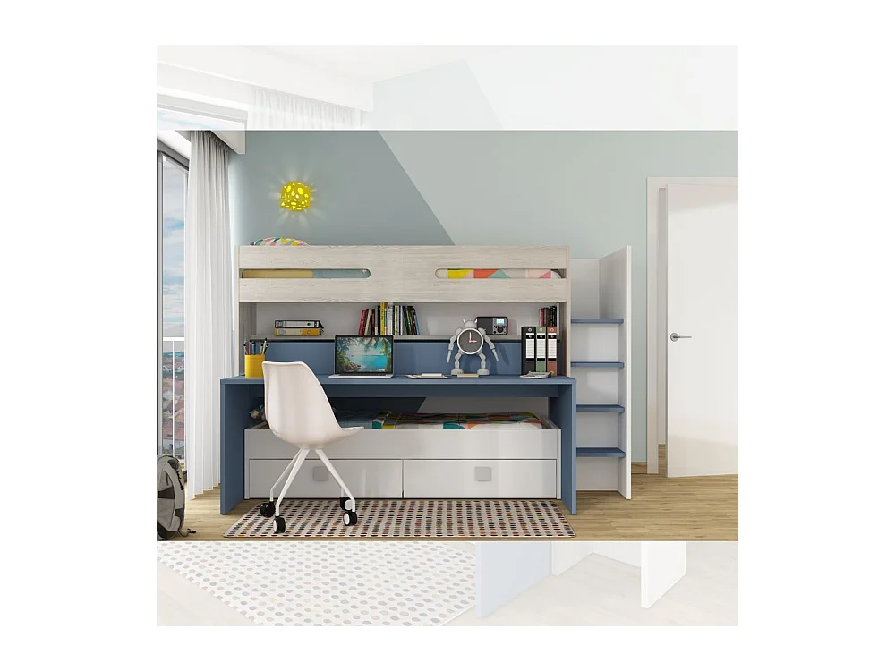 Letto a castello con scrivania estraibile 6070 colore bianco celeste