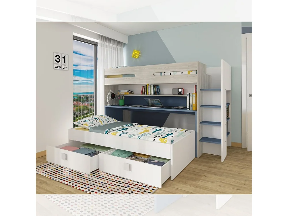 Letto a castello con scrivania estraibile 6070 colore bianco celeste