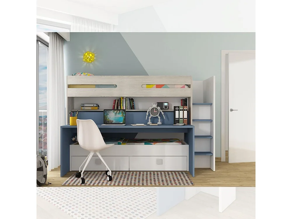 Letto a castello con scrivania estraibile 6070 colore bianco celeste