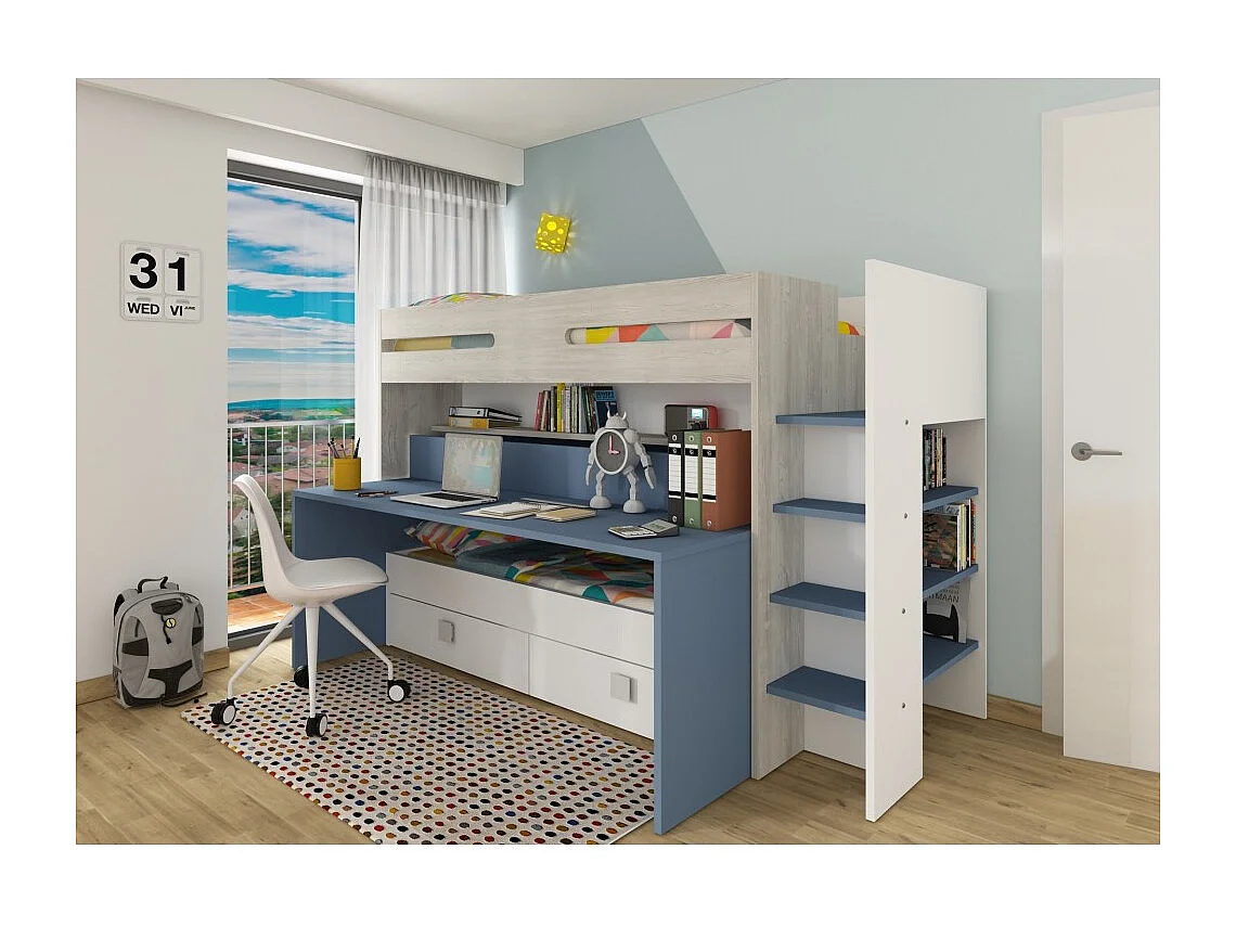Letto a castello con scrivania estraibile 6070 colore bianco celeste