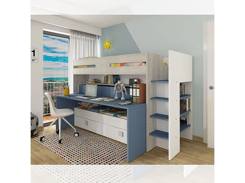 Letto a castello con scrivania estraibile 6070 colore bianco celeste