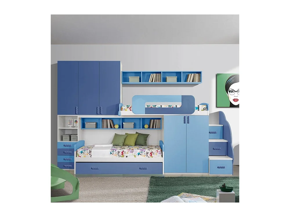 Cameretta soppalco con 3 letti Catania colore bianco e blu
