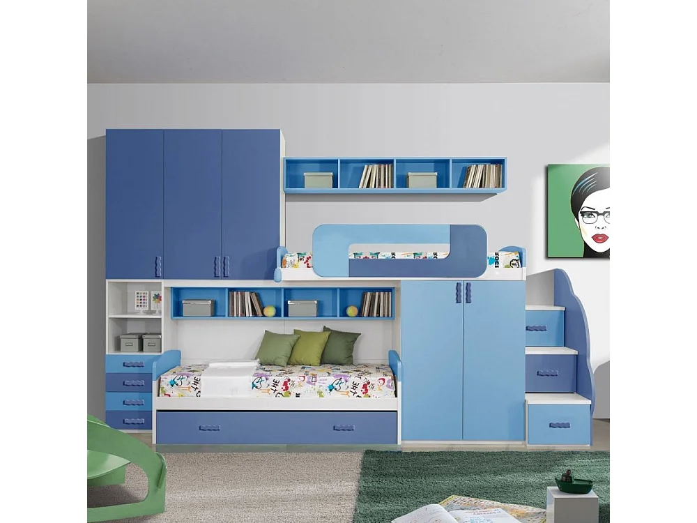 Cameretta soppalco con 3 letti Catania colore bianco e blu