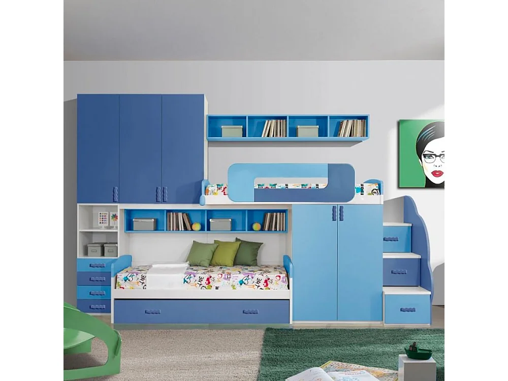 Cameretta soppalco con 3 letti Catania colore bianco e blu