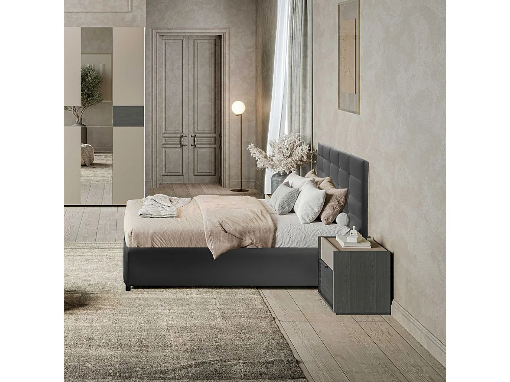 Camera da letto Tania grigio e talco armadio scorrevole con specchi e letto contenitore Napoli