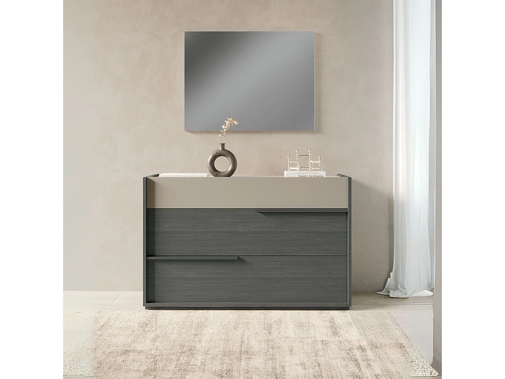 Camera da letto Tania grigio e talco armadio scorrevole con specchi e letto contenitore Napoli