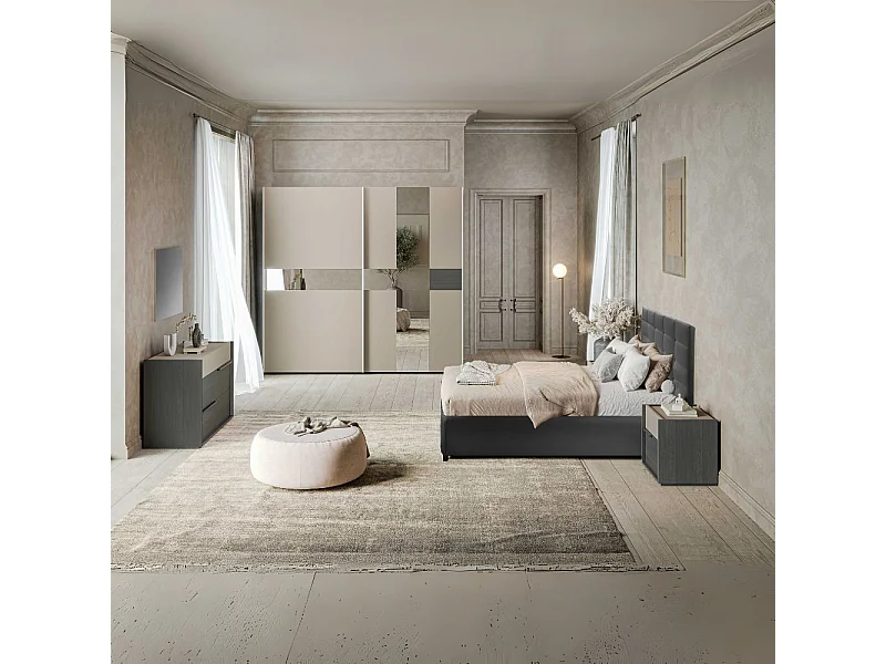 Camera da letto Tania grigio e talco armadio scorrevole con specchi e letto contenitore Napoli