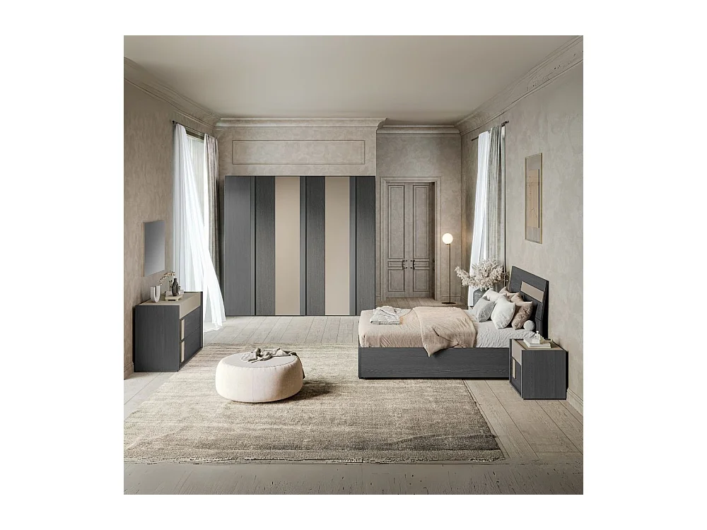 Camera da letto Faba armadio 6 ante battenti grigio e talco e letto contenitore in legno