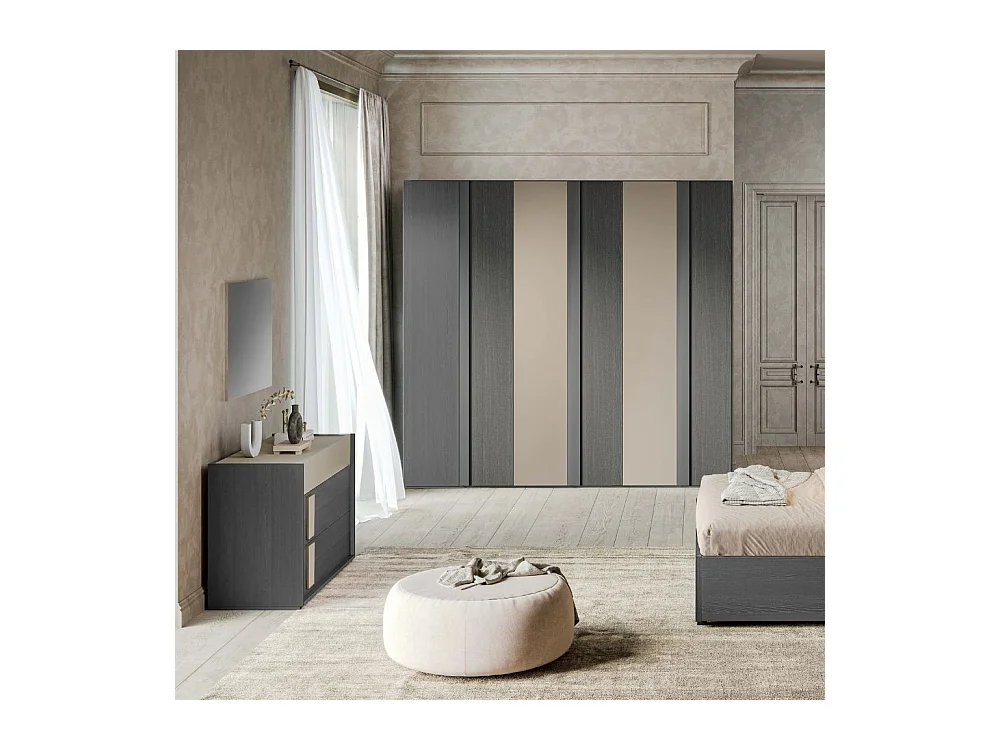 Camera da letto Faba armadio 6 ante battenti grigio e talco e letto contenitore in legno