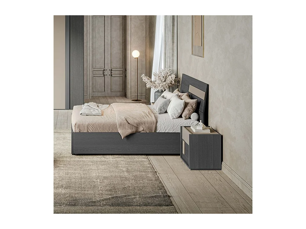 Camera da letto Faba armadio 6 ante battenti grigio e talco e letto contenitore in legno