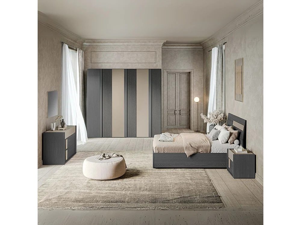 Camera da letto Faba armadio 6 ante battenti grigio e talco e letto contenitore in legno