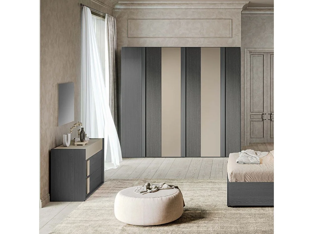 Camera da letto Faba armadio 6 ante battenti grigio e talco e letto contenitore in legno