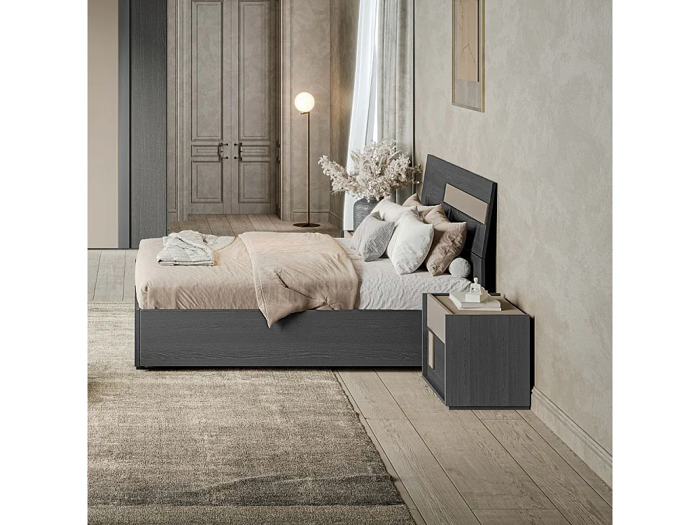 Camera da letto Faba armadio 6 ante battenti grigio e talco e letto contenitore in legno