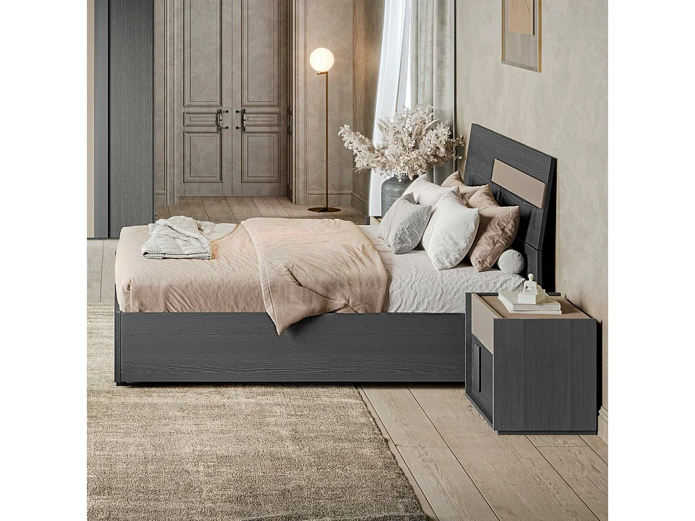 Camera da letto Faba armadio 6 ante battenti grigio e talco e letto contenitore in legno