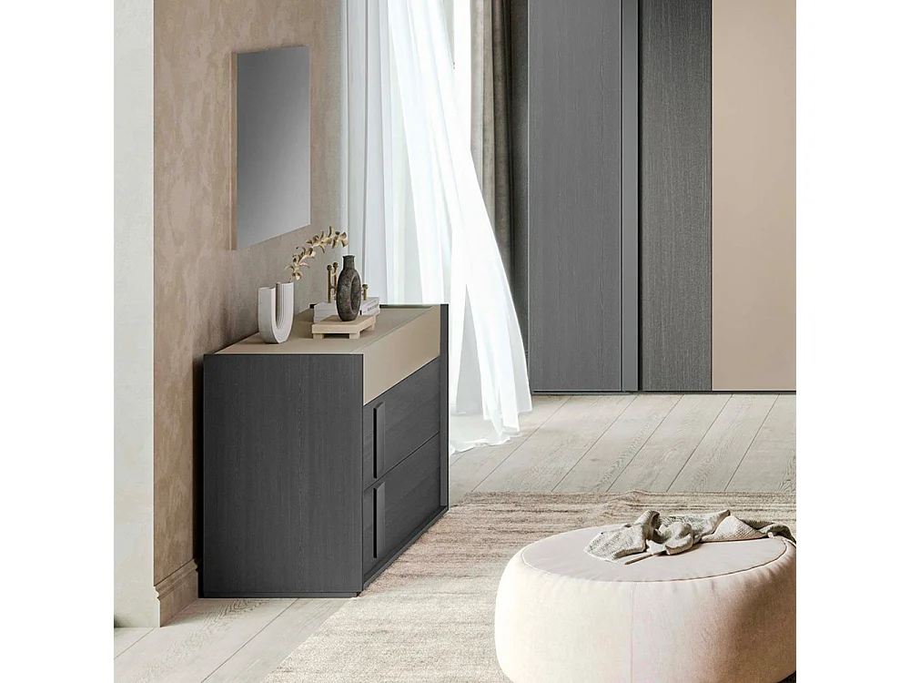 Camera da letto Faba armadio 6 ante battenti grigio e talco e letto contenitore in legno