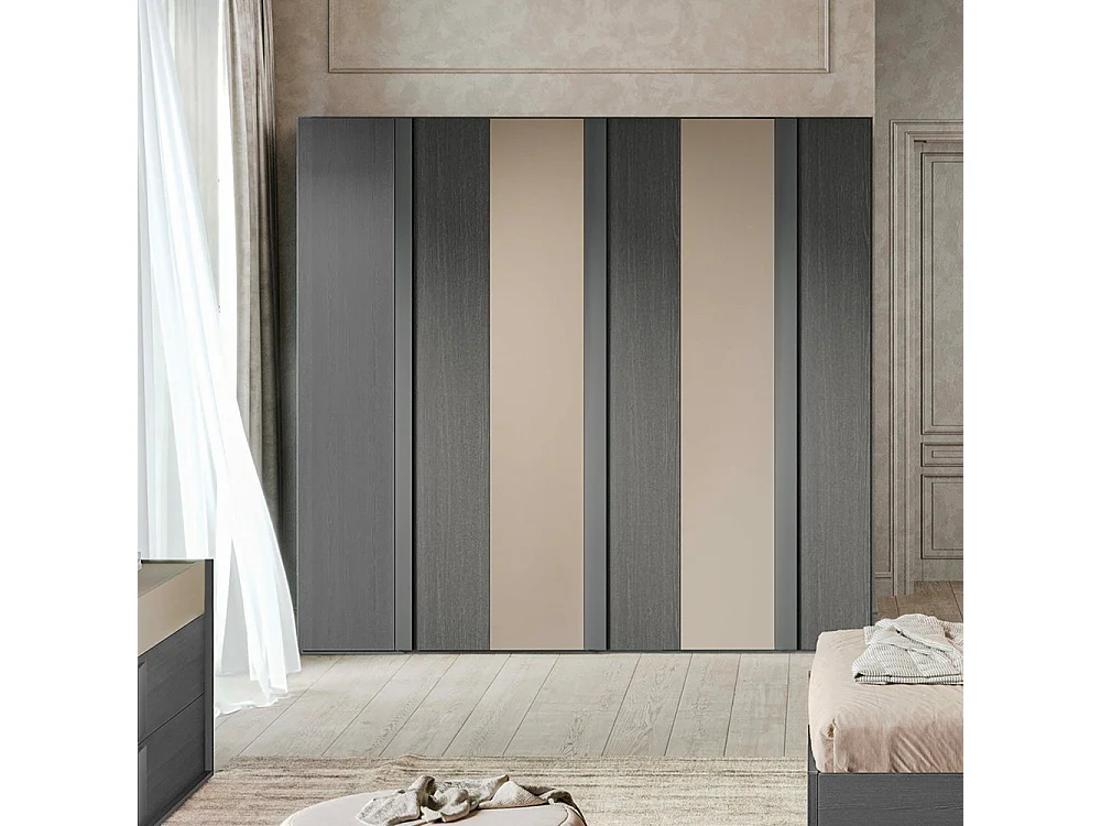 Camera da letto Faba armadio 6 ante battenti grigio e talco e letto contenitore in legno