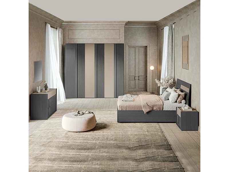 Camera da letto Faba armadio 6 ante battenti grigio e talco e letto contenitore in legno