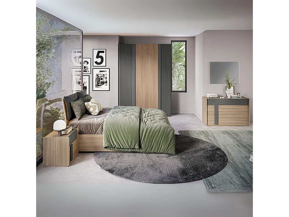 Camera da letto Faba armadio 4 ante noce e grigio e letto contenitore in legno noce