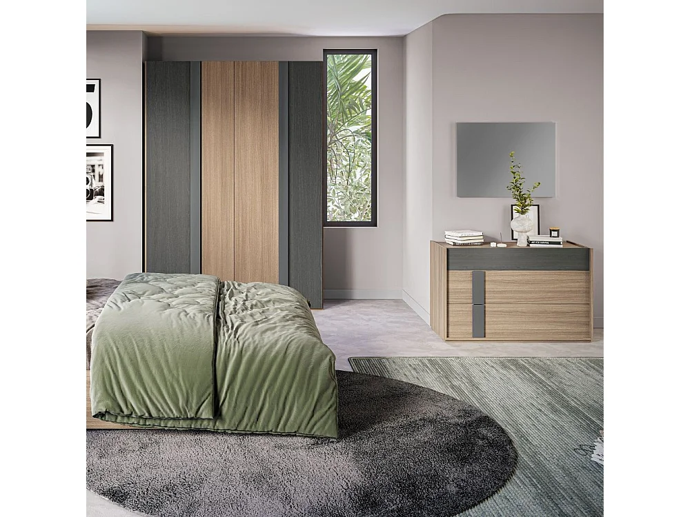 Camera da letto Faba armadio 4 ante noce e grigio e letto contenitore in legno noce