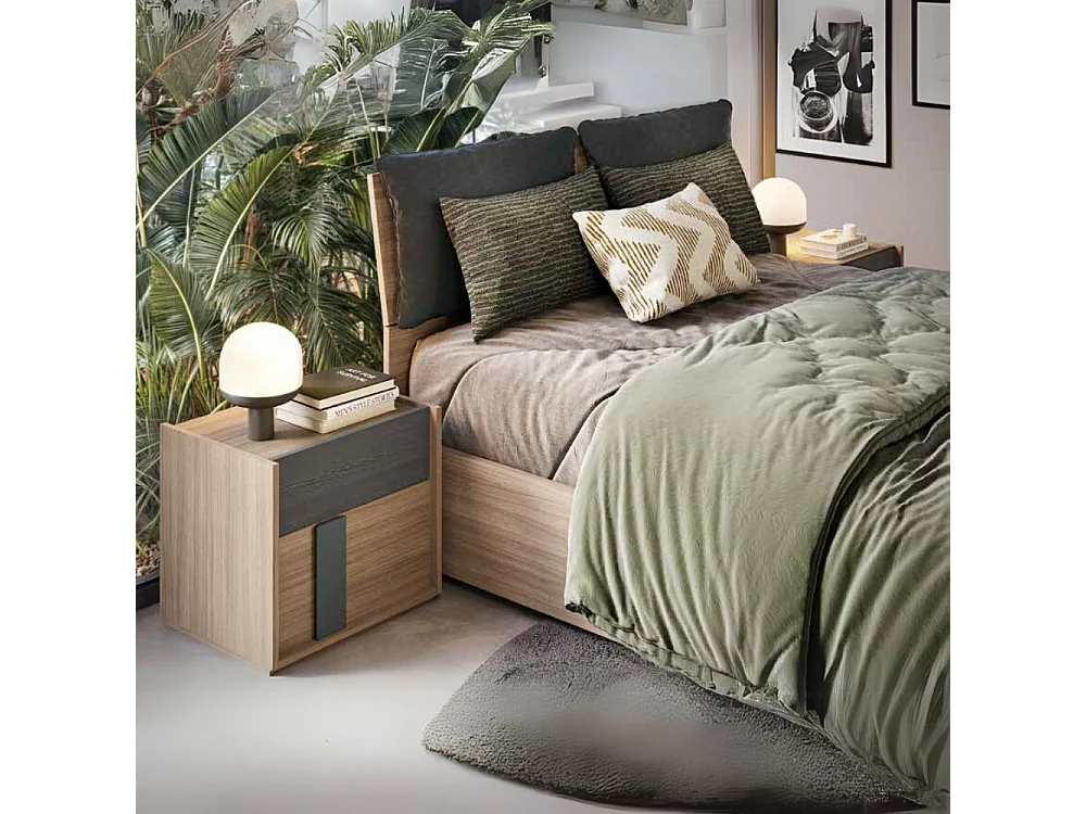 Camera da letto Faba armadio 4 ante noce e grigio e letto contenitore in legno noce