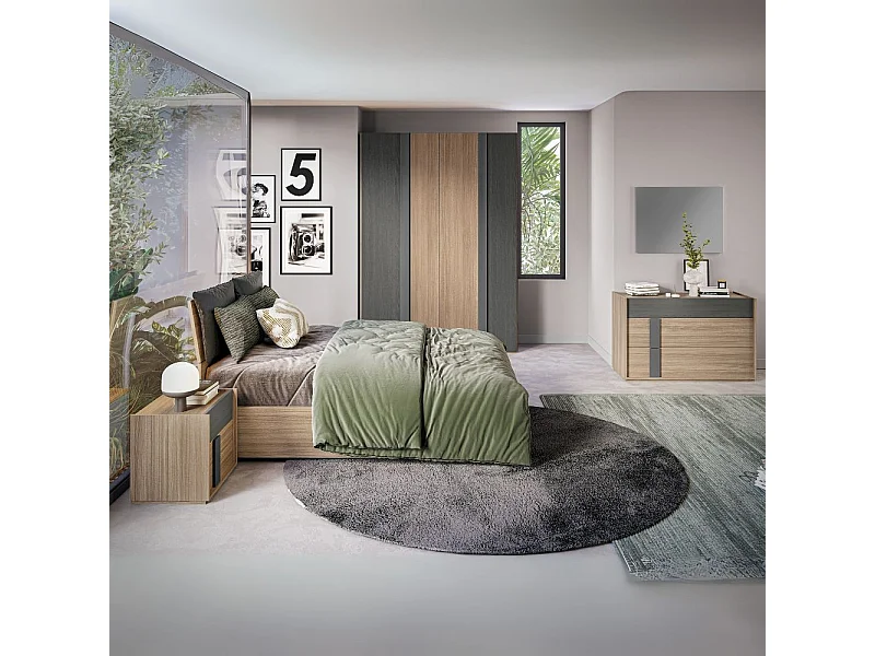 Camera da letto Faba armadio 4 ante noce e grigio e letto contenitore in legno noce
