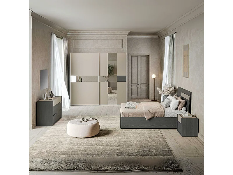 Camera da letto Tania grigio e talco armadio scorrevole con specchi e letto contenitore in legno