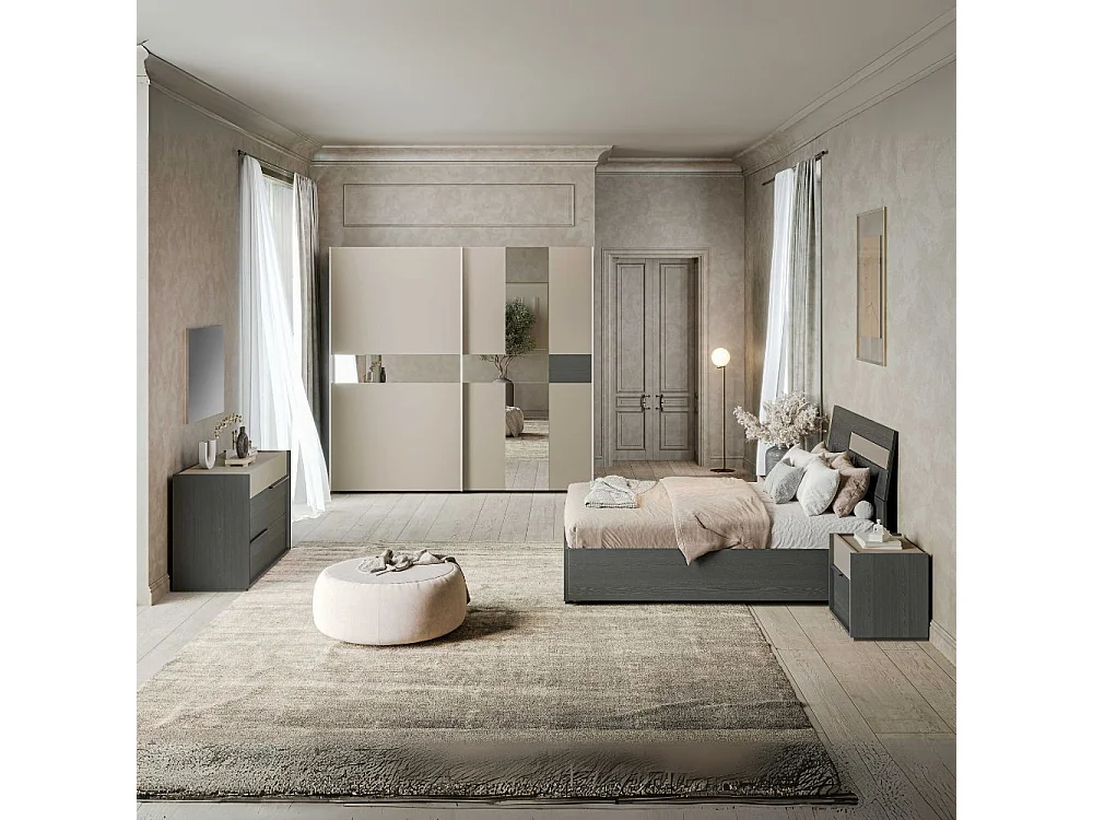 Camera da letto Tania grigio e talco armadio scorrevole con specchi e letto contenitore in legno