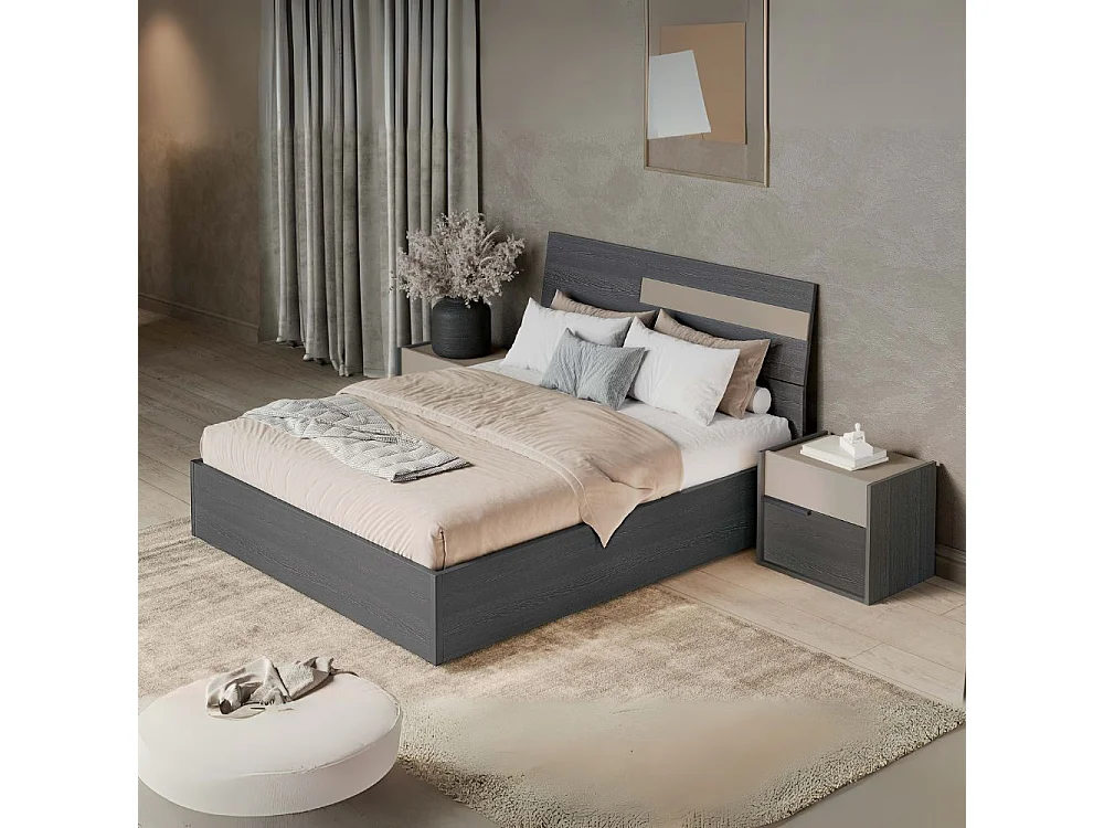 Camera da letto Tania grigio e talco armadio scorrevole con specchi e letto contenitore in legno