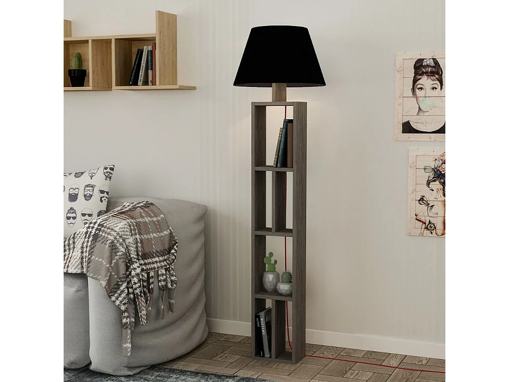 Lampada da terra in legno con libreria Giorno 45x163,5 colore dark coffee
