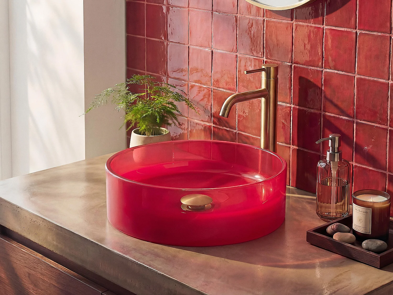 Ronde doorschijnende opzetwastafel van kunsthars - 40 cm - Rood - SPAVO