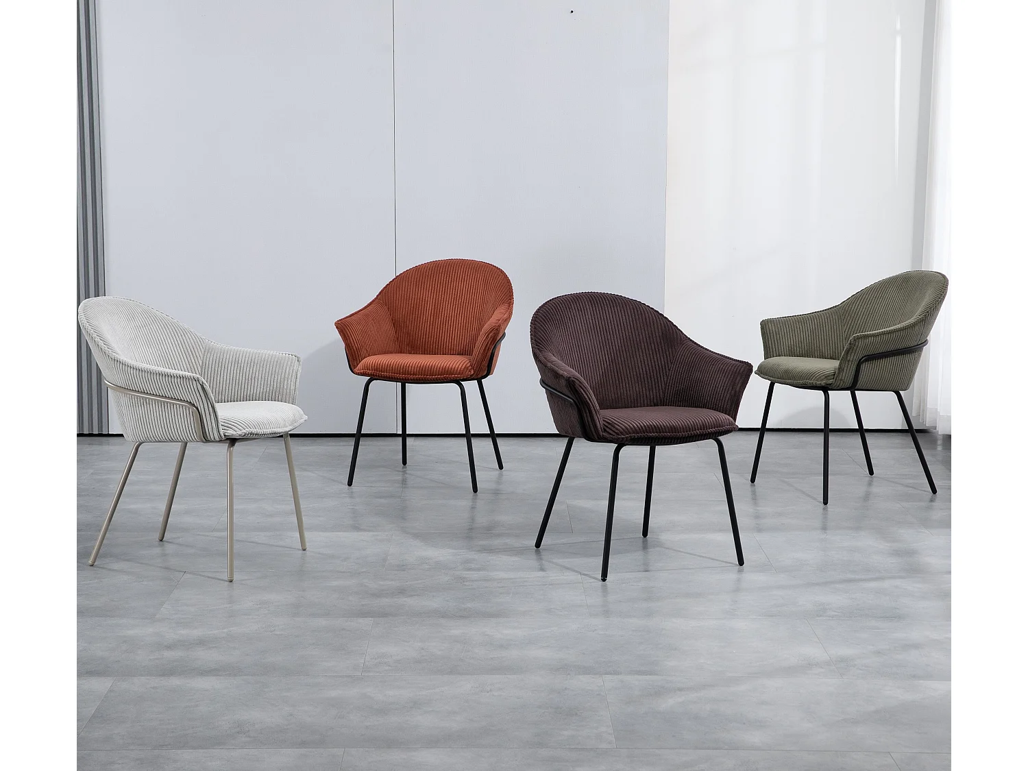 Chaise accoudoirs velours côtelé à grosses côtes kaki