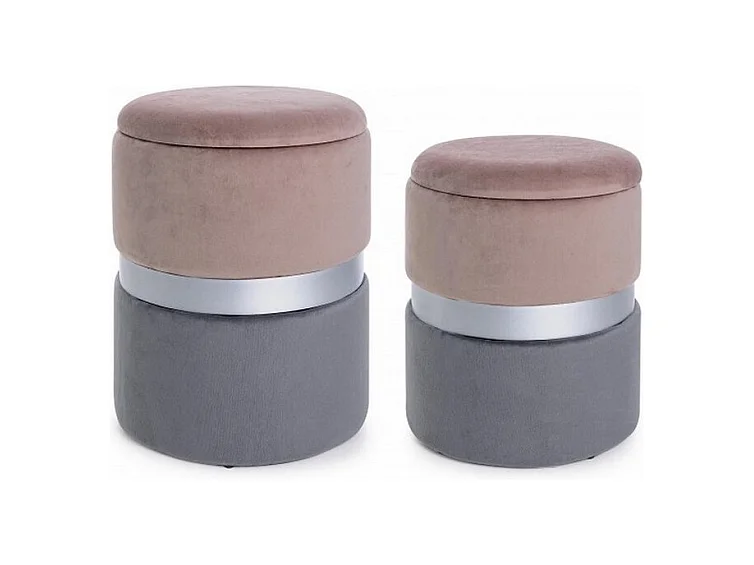 Lot de 2 poufs de rangement effet velours rose-gris - POLINA
