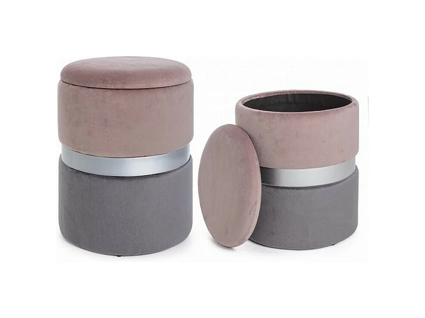 Lot de 2 poufs de rangement effet velours rose-gris - POLINA