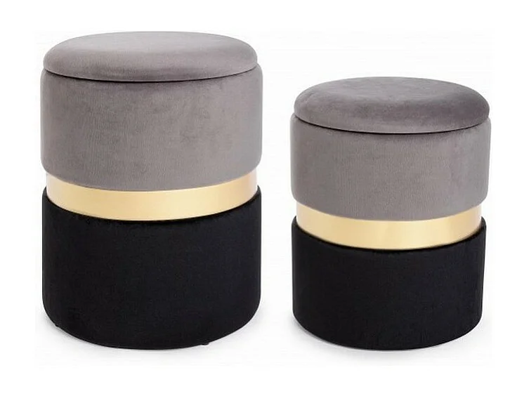 Lot de 2 poufs de rangement effet velours gris-noir - POLINA