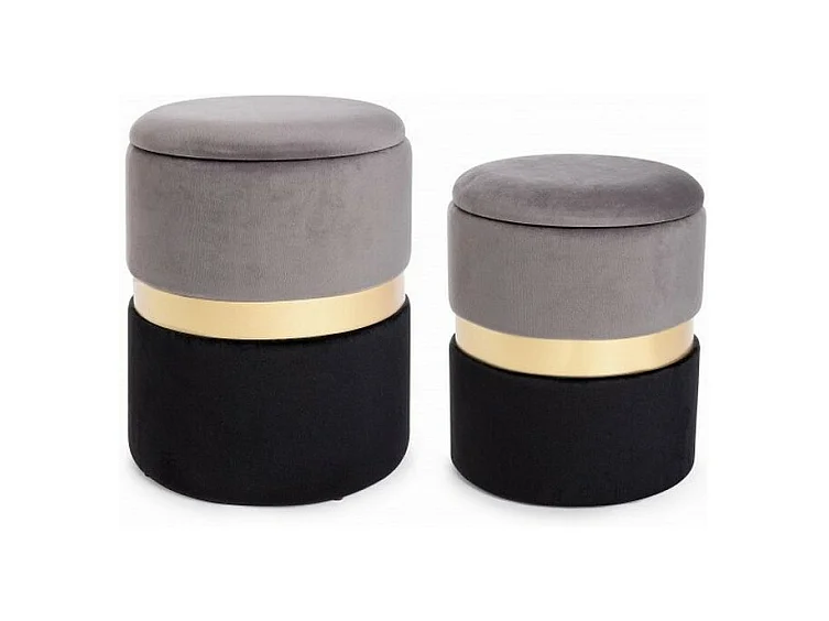 Lot de 2 poufs de rangement effet velours gris-noir - POLINA