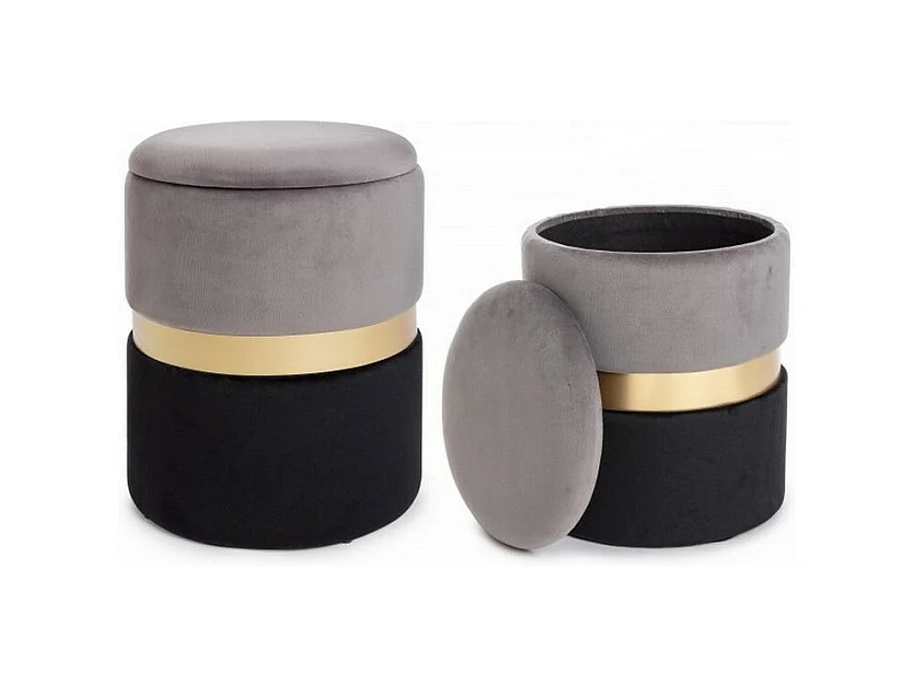 Lot de 2 poufs de rangement effet velours gris-noir - POLINA