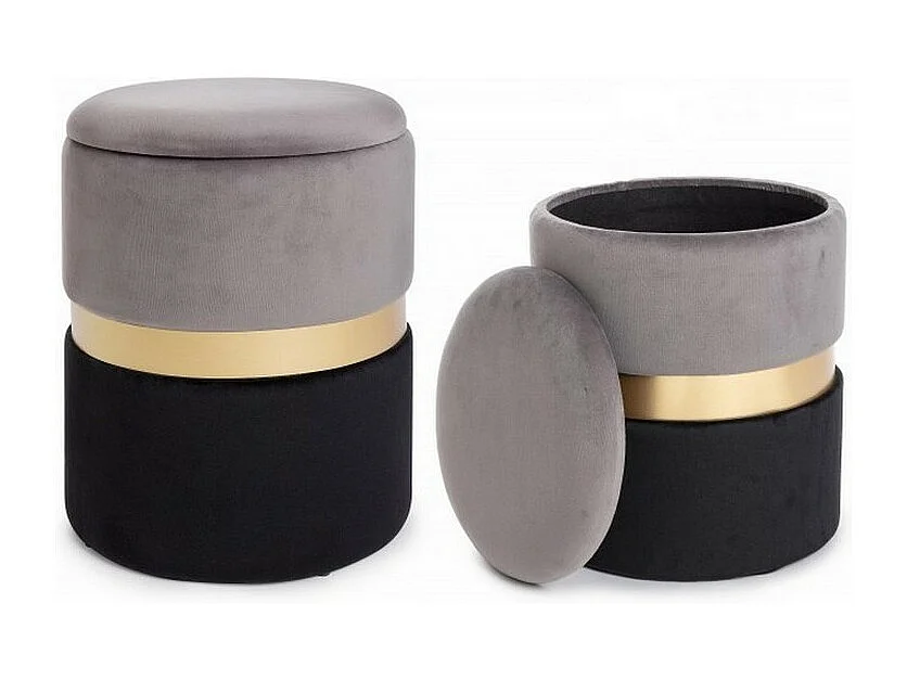 Lot de 2 poufs de rangement effet velours gris-noir - POLINA