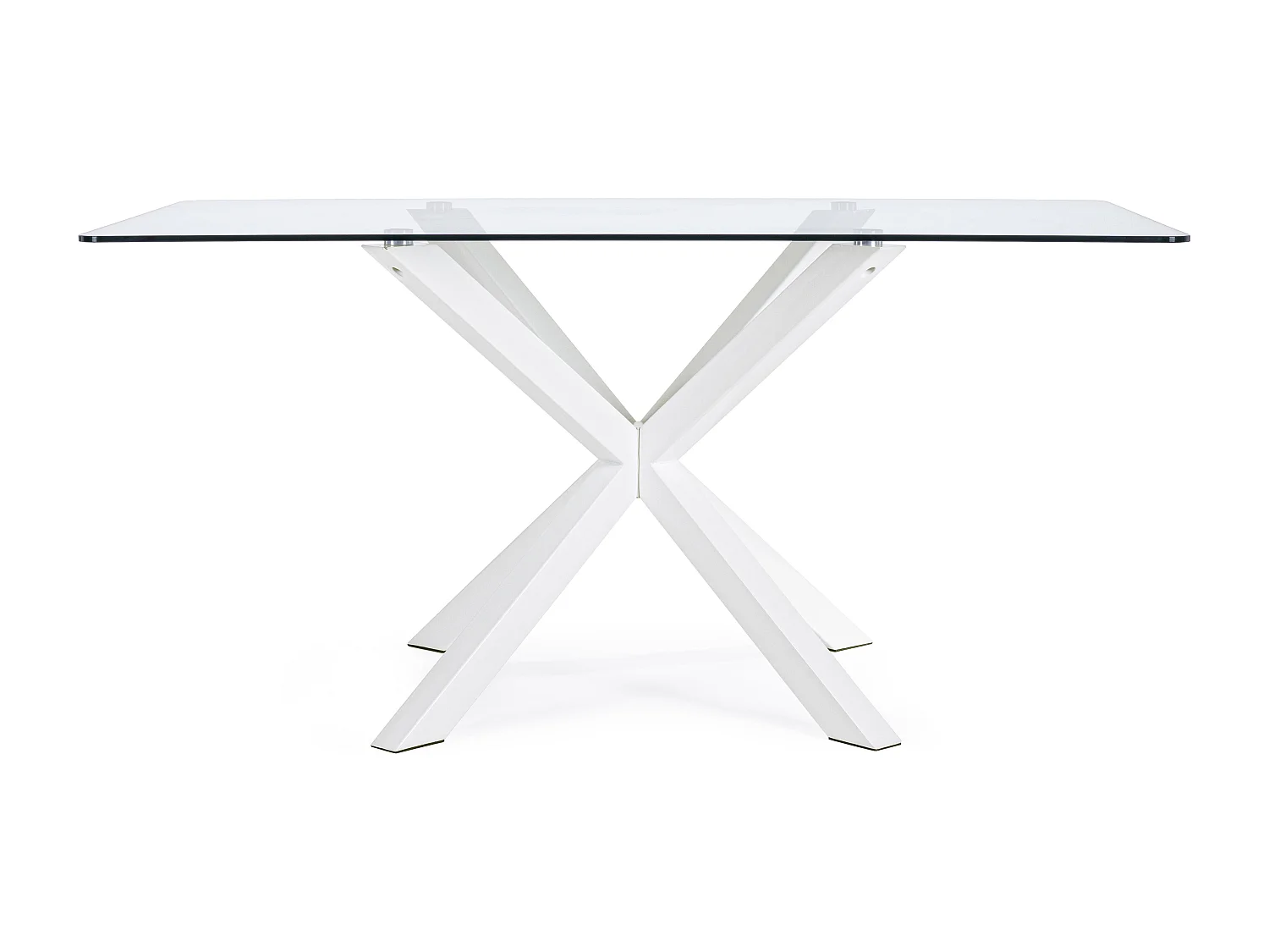 Szklany prostokątny stół, skrzyżowane nogi biała stal 160×90 cm - MAY