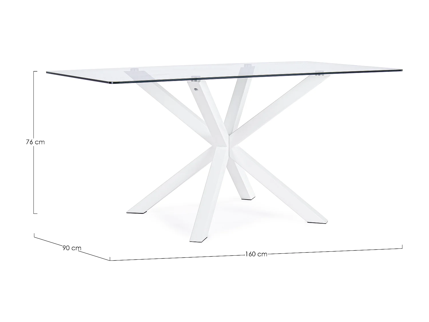 Szklany prostokątny stół, skrzyżowane nogi biała stal 160×90 cm - MAY