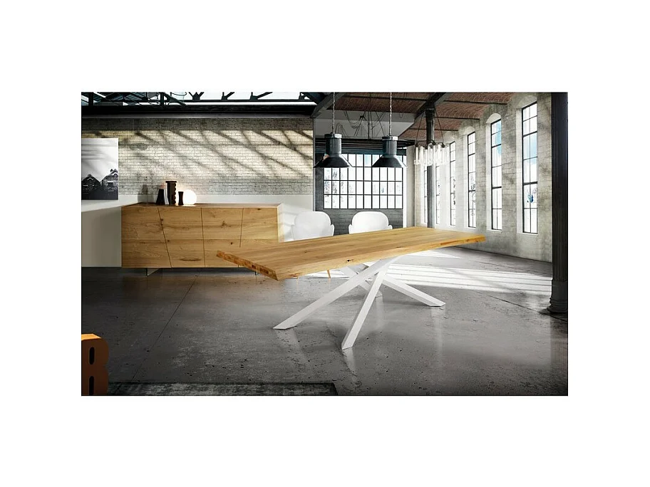 Table en chêne naturel massif, pieds en métal blanc, 180x90 cm - BOLGHERI