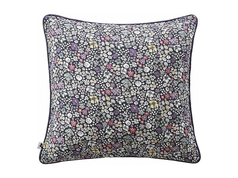 SOIZIC - Coussin Déhoussable 45x45cm Gaze de Coton Imprimé Bleu-Violet Imprimé Fleurs