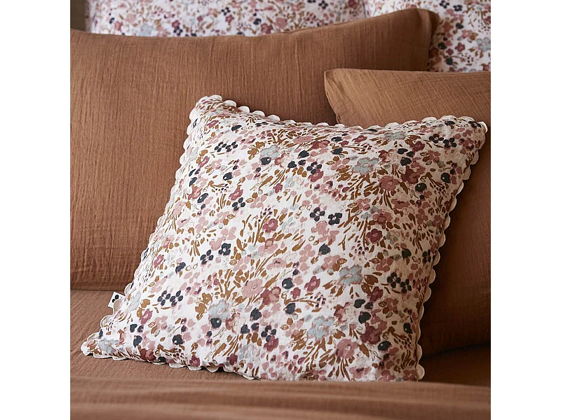 ADONIS - Coussin Déhoussable 40x40cm Gaze de Coton Blanc Imprimé Fleur Biais en Croché