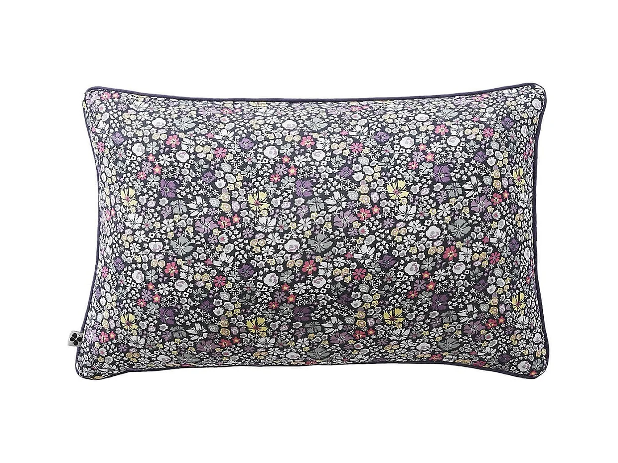 SOIZIC - Coussin Déhoussable 40x60cm Gaze de Coton Imprimé Bleu-Violet Imprimé Fleurs