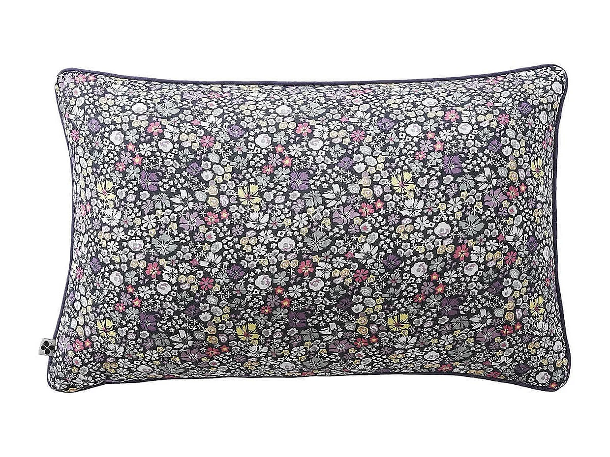 SOIZIC - Coussin Déhoussable 40x60cm Gaze de Coton Imprimé Bleu-Violet Imprimé Fleurs