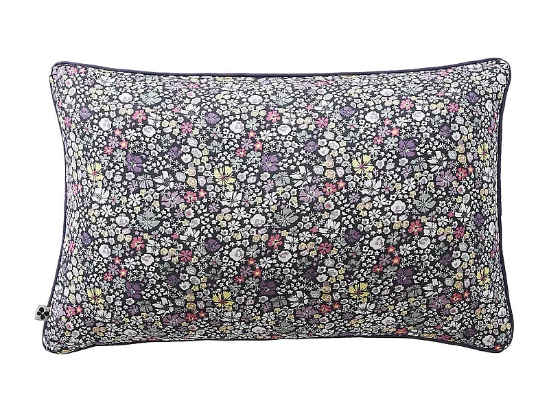 SOIZIC - Coussin Déhoussable 40x60cm Gaze de Coton Imprimé Bleu-Violet Imprimé Fleurs