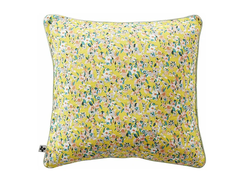 SIMONE - Coussin Déhoussable 45x45cm Gaze de Coton Jaune Imprimé Floral