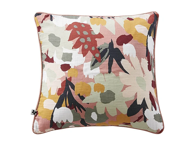 SARAH - Coussin Déhoussable 45x45cm Gaze de Coton Imprimé Rose Imprimé Floral